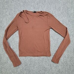 Zara Top Tee Womens Small Brown Ribbed Long Sleeve Cut Out Neckline Casual Shirt